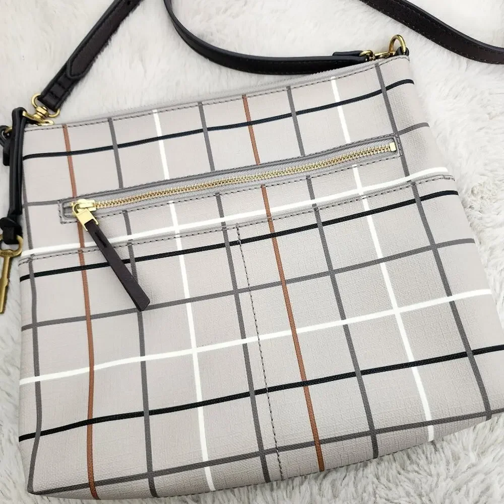 NEW Fossil Fiona Large Crossbody Bag Gray Beige Plaid Neutral Checkered Purse